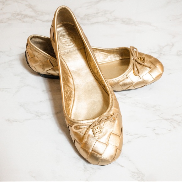 Tory Burch Shoes - Tory Burch Metallic Gold Prescot Woven Ballet Flat